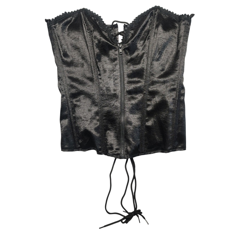 Frederick's of Hollywood Corset Top Women XL VTG Lace Up Zip Front Satin Black
